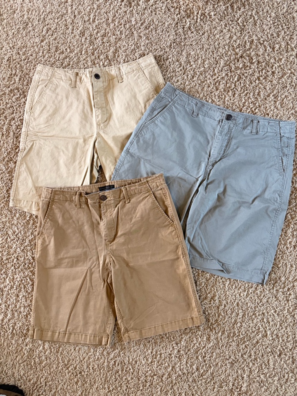 Aeropostale Men's Shorts Trio in Light Blue, Tan & Cream